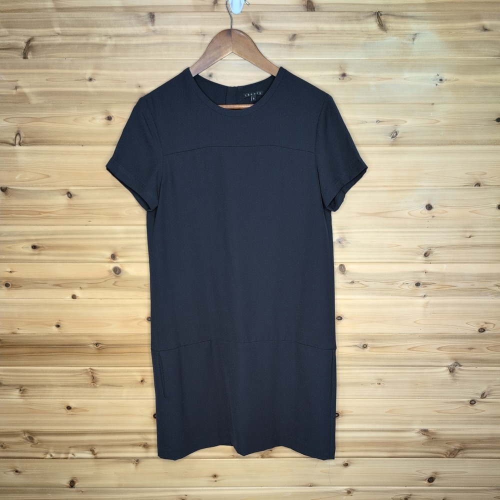 Theory Madera Crepe Shift Dress Navy Short Sleeve Pockets Size 8